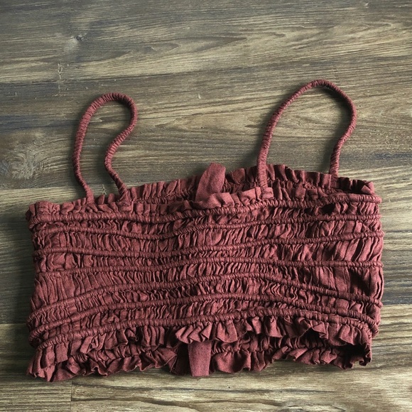 NWT Urban Outfitters Chelsea Linen Blend Smocked Ruched Crop Top Tank Brown - Picture 5 of 12